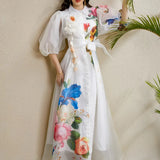 Fongt Elegant Dress Women's Summer Court Wind Strap To The Waist Three-Dimensional Flower Lantern Sleeve Print Mesh Dress