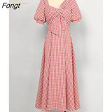 Han Queen Elegant Lantern Sleeves High Waist Women Dress Simple Casual Work Vestido V-Neck Mid-Calf Office Party Plaid