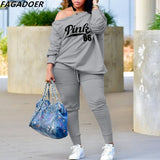 Off Shoulder Button Design Two Piece Sets Women PINK Letter Print Top+Stacked Pants Tracksuits Spring Casual Outfit