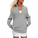 Fongt Hot Style Women's Long Sleeve Half Zipper V-Neck Casual Rib Knit Sweater Women's