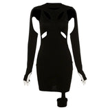 Dark Cyber Gothic Grunge Women Mini Dresses Punk Y2k Bodycon Long Sleeve Summer Dress Black Sexy Hollow Out Party