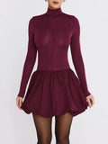 Burgundy Turtleneck Long Sleeve Puff Skirt Mini Dress-Outfit