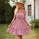 Fongt Wind Casual Women's Wear 2024 Summer New One-Word Shoulder Pull Flounce Dress-Outfit