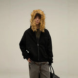 Fongt Selling Vintage Fur Collar Couple Hooded Zip Open-Air Jacket Oversize Design Niche Coat
