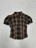 Fongt College Style Retro Check-Colored Bubble Sleeves Slim Slim Collar Buckle Short-Sleeved Shirt T-Shirt