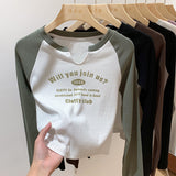 Shoulder V-Collar T-Shirt Women's Long-Sleeved Spring And Autumn Decoration With Threaded Bottomed Shirt And Short High-Waist Chic