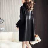 Solid Color Straight Dresses Female Clothing Casual Hooded Spring Autumn Basic Stylish Patchwork Drawstring Midi Dress-Outfit