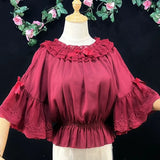 Lolita Chiffon Blouses Women Cute Bow Ruffles Three Quarter Flare Sleeve Undershirt Girl Kawai Off Shoulder Shirt Crop Top-Outfit