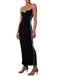 Women Sleeveless Strap Long Dress Black Patchwork V-neck Low Cut Slim Summer Party Back Split Dresses Female Vestidos-Outfit