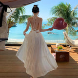 Fongt Yunnan Seaside Vacation Lace Lace Hanging Neck Show Back Tie Dress-Outfit