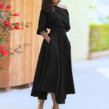 Fongt Women's Slanted Shoulder Tie Strap Belt Belt Solid Color Swing Spring Dress