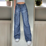 Women's Wear 2023 New Multi-Pocket Open Line Fashion Loose High-Waisted Jeans Casual Straight Trousers Summer-Outfit