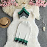 Fongt New Contrast Color Knit Hanging Neck Halter Jacket High Waist Slim Wrap Buttock Skirt Two Suits-Outfit