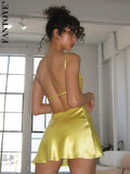 Satin Sexy Hollow Out Mini Dress Women Yellow Spaghetti Strap High Waist Women Dress Summer Slim Fashion Streetwear