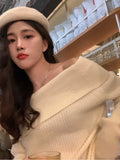 Solid Elegant Knitted Sweater Women Off Shoulder Loose Sweater Female Korean Style Casual Vintage Pullover Sweater