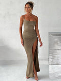One Shoulder Split Maxi Dress Spaghetti Strap Pleated Bodycon Dress Elegant Party Wedding Evening Dresses for Women