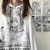Gothic Emo Anime Print White Hoodies Women Harajuku Streetwear Oversize Long Sleeve Pullover Female Black