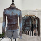 Fongt Shooting Denim Pattern Dye Printing Retro Babes Thin Mesh T-Shirt High-Necked Long Sleeve Bottom Shirt Top 9950