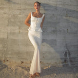 Fongt Summer New Ins Temperament Square Collar Lace Lace Jacket High Waist Slim Show Thin Fish Tail Dress Suit