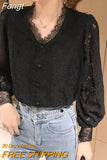 4XL New Lace Blouse Women Korean Hollow Out V Neck Long Sleeve Shirt Ladies Spring Crochet Lace Solid Tops Blusa