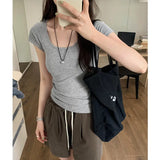 U-Collar Slim Shoulder Short T-Shirt Women 2024 Summer New Style Short Short-Sleeved Blouse