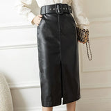 Buckle Belt Mid-length High Waist Skirts Solid Pocket A-line Straight Split Pencil Skirt Hip-wrap PU Leather Skirts