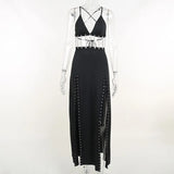 Dark Grunge Chain Patchwork Sexy Hollow Out Dresses Gothic Backless Tie Up Split Women Midi Dress Punk Summer Night