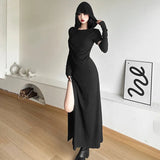 Fongt The Fall Of 2025, The New Women's Folded Hooded Desert Body Repair Waist-Skin Open-Fork-Packed Dress