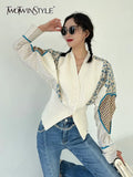 TWOTWINSTYLE Patchwork Colorblock Shirt For Women V Neck Long Sleeve Loose Blouses Female Fashion Spring Clothing Style New