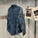 Fashion Women'sA-lineCrumpled Hem Ruffled Slimming Waist Denim Jacket Long Sleeve Lapel Blue