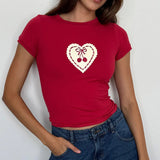 Basic Cherry Heart-Shaped Printed Round Collar Slim Red Short-Sleeved T-Shirt New Spring / Summer 2024 Style-Outfit