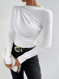 Fongt Solid Color Trim Bottom Shirt Folding Design Long-Sleeved T-Shirt Lady Top
