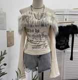 Fongt Shot Hair Collar Print Shoulder Horn Long-Sleeved T-Shirt Repair Short Picties Shoulder Grinding Top 1368