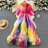 Fongt Women's Niche Elegant Dress New Hollow Nail Ball Neck-To-Celing Waist-Print Folding Long Skirt