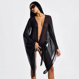 Black Mesh Low Cut Long Sleeve Mini Dress Beach Cover-Outfit