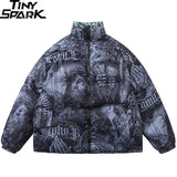 Men Hip Hop Reversible Jacket Parka Streetwear Retro Graphic Harajuku Padded Jacket 2022 Winter Cotton Casual Windbreaker