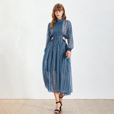Vintage Hollow Out Dress For Female Stand Collar Long Sleeve High Waist Print Elegant Dresses Women 2021