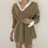 New 2021 Women Autumn Winter Sweaters Knitted Elegant Backwards Irregular Vintage Lace Up Pullovers Short Tops
