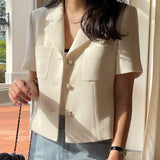 Notched Collar Tweed Jackets Exquisite Single-breasted Chaqueta Mujer Short-sleeved Jaquetas Summer Spring Coats-Outfit