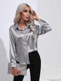 New Loose Long-Sleeved Blouse Simple V-Neck Cardigan Shirt Button Blouse Solid Color-Outfit