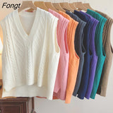 V-Neck Knitted Sweater Vest Women Vintage Sleeveless Oversized PulloverWaistcoat Sweaters Female Solid Sweater