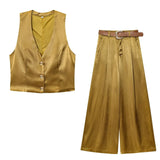 Fongt New Gold Button-Up Silk-Sense Blouse 7484091 Belt Silk-Sense Wide Leg Trousers 1478078