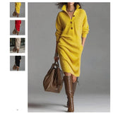 Fongt New Autumn Casual Button Collar Loose Straight Knitted Long Sweater Skirt