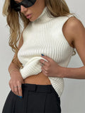 Sweater Pullover Turtleneck Women Ribbed Fashion Sleeveless High Waist Knitwear Top Slim Streetwear Female Pullover-Outfit