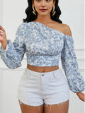 Fongt Women's Short Blue Broken Flowers With Asymmetric Shoulder Bubble Sleeve Shirt Autumn Women's Clothing