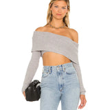 Fongt New One-Line Shoulder Off-The-Shoulder Long Sleeve Short Knit Top Female YF2347-Outfit