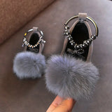 Autumn Winter New Girls Single Princess Shoes Children's Flat Shose Kid Baby Warm Flock Fluffy Bowkont Beaded
