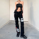 New Street Style Cool Wind Design Feeling Printed Metal Button Denim Pendant Trousers-Outfit