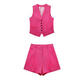 Fongt Women's 2025 Spring New Fashioned Colored Flax-Blend Vest + Shorts Set