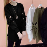 Solid Color Cut Out Sweatshirts Female Clothing Korean Loose Spring Autumn Long Sleeve Casual Bow Round Neck Pullovers-Outfit